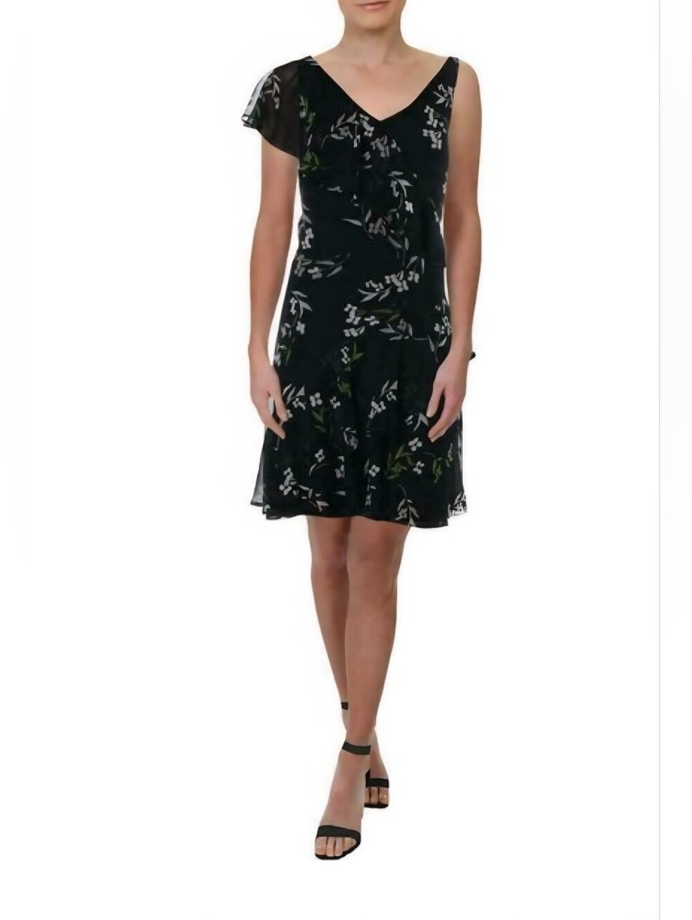 LAUREN by Ralph Lauren | Asymmetric Flutter Sleeve Floral Chiffon Dress | Size 0